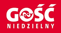 Logo Gościa Niedzielnego-na czerwonym tle biały napis GOSC NIEDZIELNY