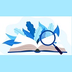 Okulary leżące na otwartej książce, niebieskie liście w tle i niebieskie tło