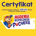 Certyfikat potwierdzający udział w XIII-tej edycji programu edukacyjnego Akademia Bezpiecznego Puchatka