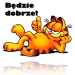 Kot Garfield leżący na ziemi i napis Będzie dobrze!