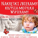 Plakat informujący o zbieraniu nakrętek dla Krzysia Czupryna