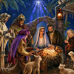 Szopka Betlejemska, w niej Maryja, Józef, Jezus, Mędrcy