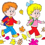 Dziewczynka i chłopiec z teczkami na plecach w marszu. na podłożu liście