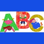 Biało niebieski obrazek, kolorowe litery ABC