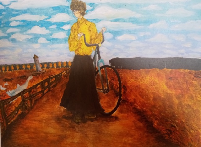 praca konkursowa  Martynki, dziewczynka z rowerem na polnej drodze, z lewej strony kaczka