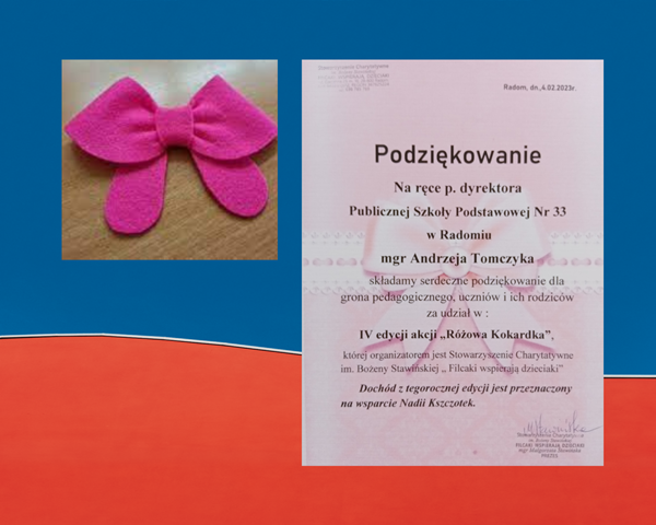 Podziękowanie dla Pana Dyrektora Andrzeja Tomczyka i Nauczycieli PSP 33 za włączenie się w akcję Różowa kokardka