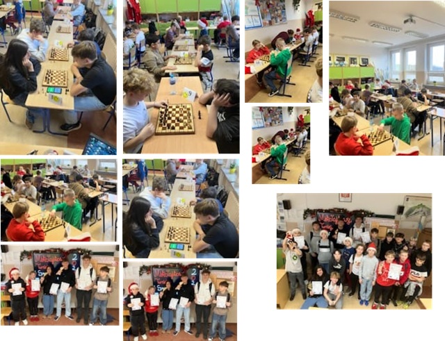 Uczniowie grający w szachy, trzymający dyplomy, kilka obrazków 