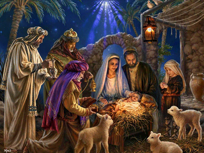 Szopka Betlejemska, w niej Maryja, Józef, Jezus, Mędrcy